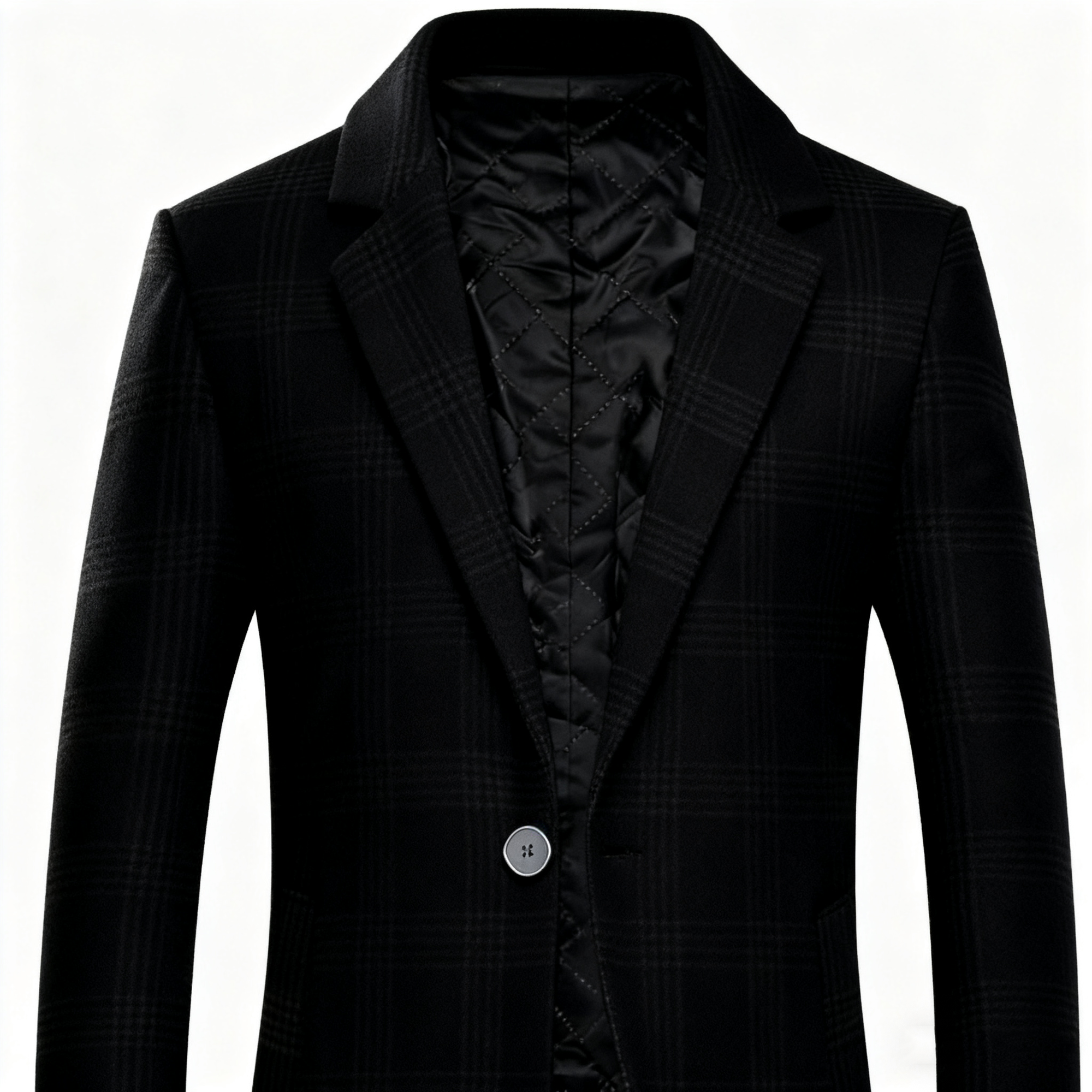 Men's Black Plaid Wool-Blend Trench Coat - Timeless Overcoat with Quilted Lining for Formal, Business, and Winter Elegance