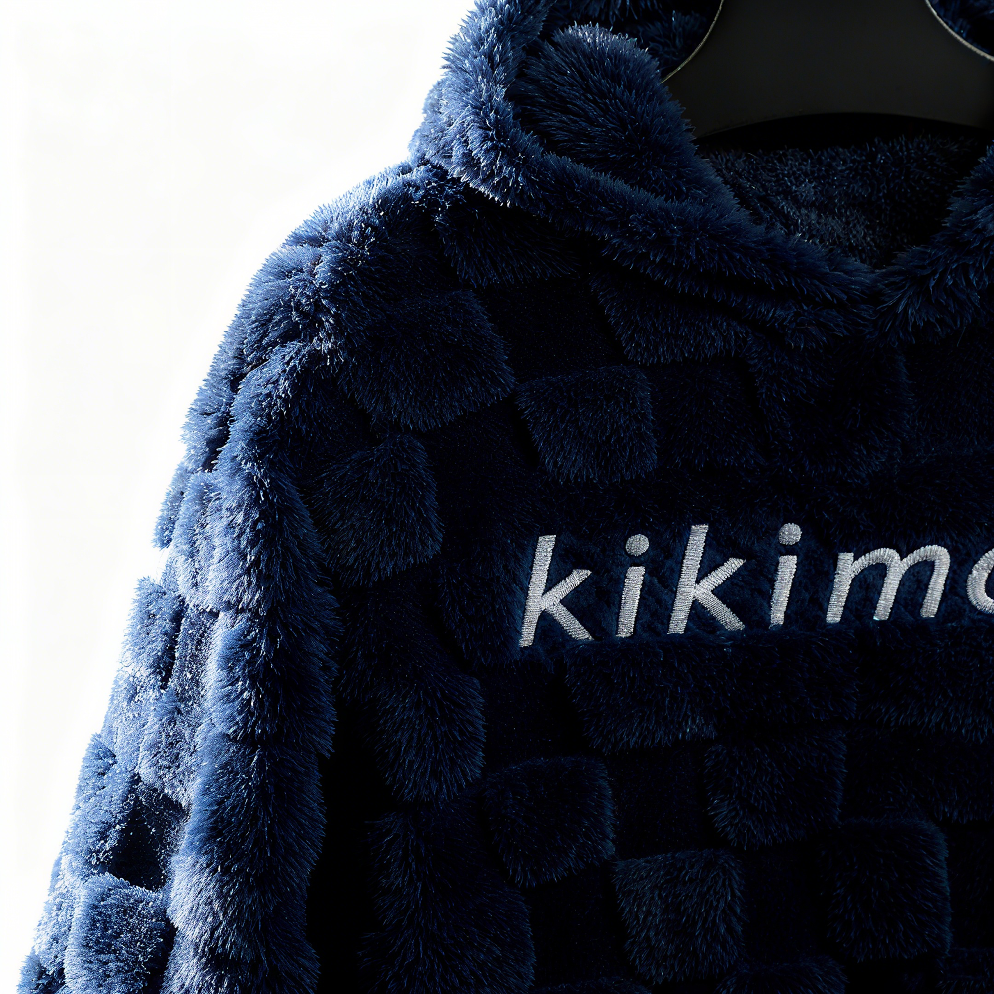 100% Polyester Navy Fuzzy Checkered Hoodie: Luxe Comfort & Statement-Making Style