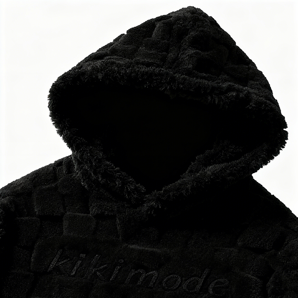 100% Polyester Black Fuzzy Checkered Hoodie: Edgy Style Meets Cloud-Like Comfort