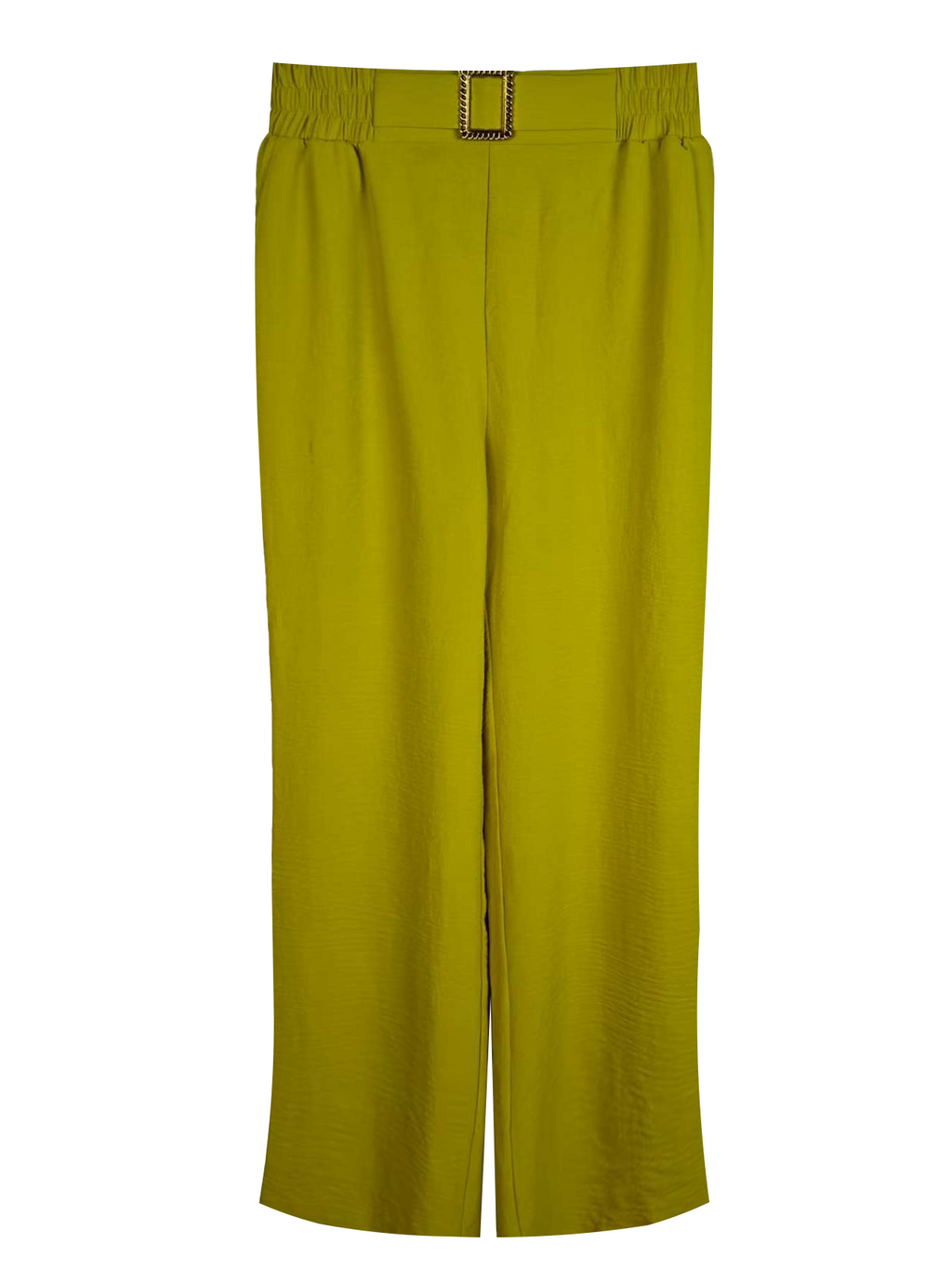 Women's High-Waisted Wide-Leg Pants - 100% Polyester Elastic Waist Trousers with Decorative Belt Buckle