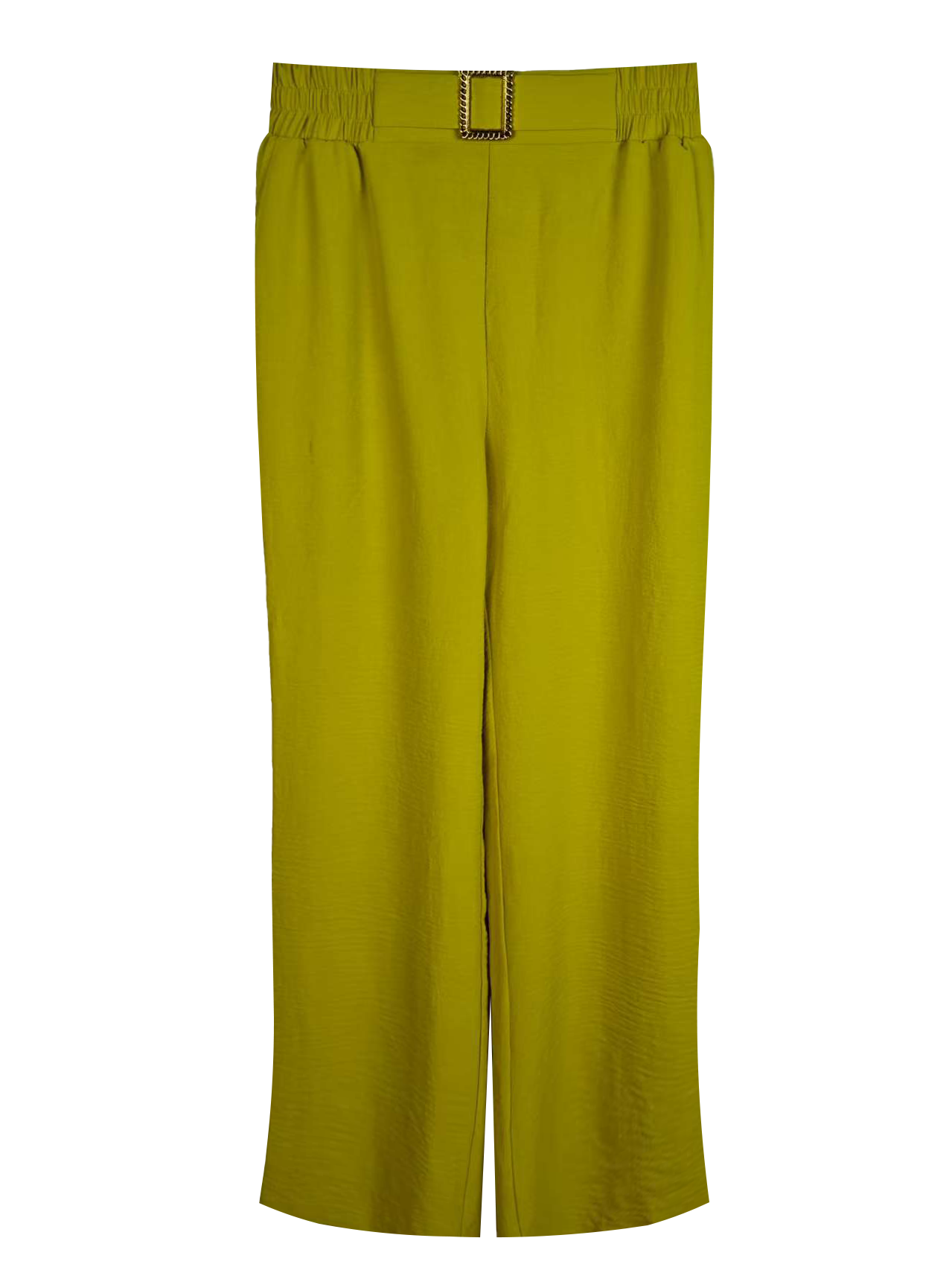 Women's High-Waisted Wide-Leg Pants - 100% Polyester Elastic Waist Trousers with Decorative Belt Buckle