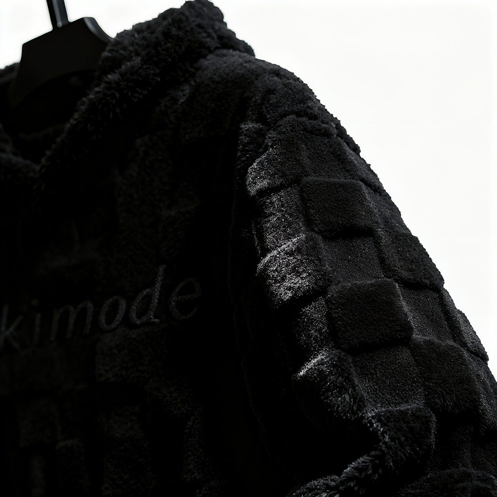 100% Polyester Black Fuzzy Checkered Hoodie: Edgy Style Meets Cloud-Like Comfort