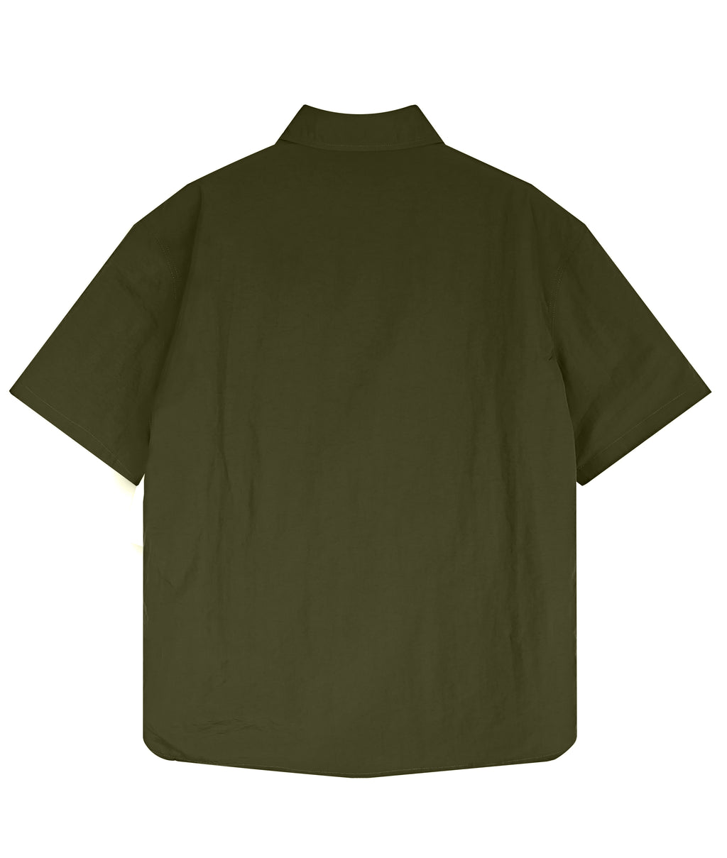 Men's Relaxed Fit 100% Nylon Short Sleeve Shirt - Olive Green Collared Casual Top with Angled Chest Pockets