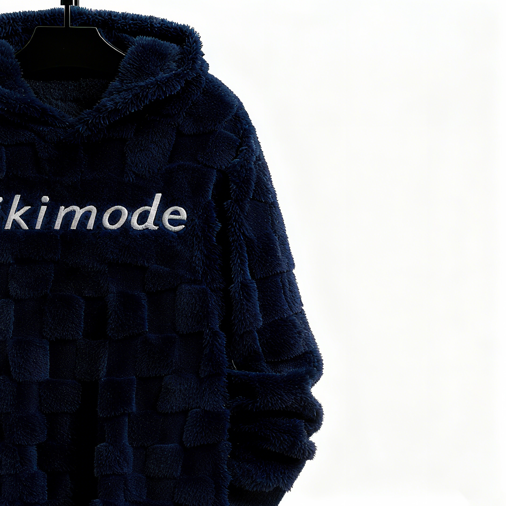100% Polyester Navy Fuzzy Checkered Hoodie: Luxe Comfort & Statement-Making Style